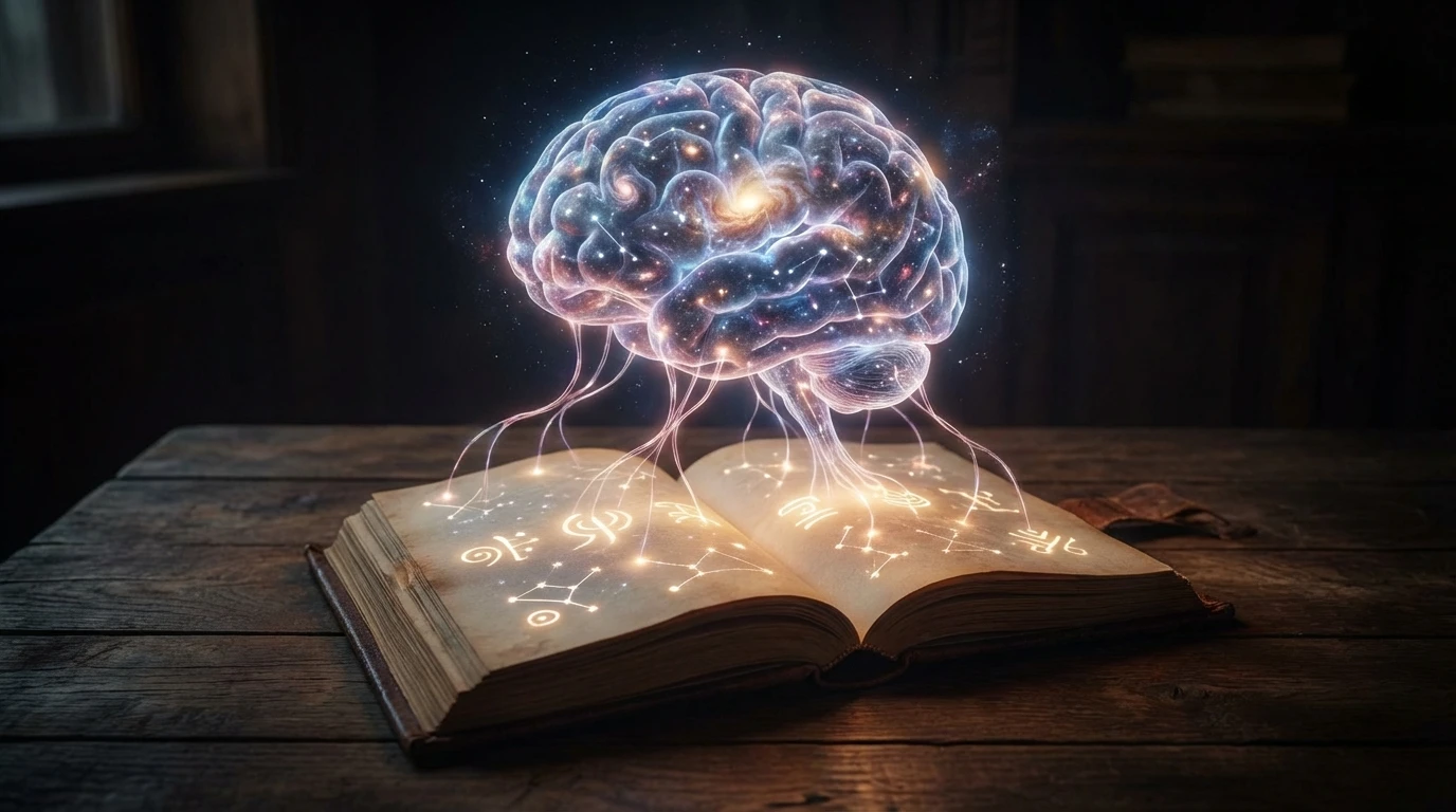 A symbolic representation of ai dream journal analysis, showing a cosmic brain connected to a journal filled with glowing dream symbols, illustrating the exploration of the subconscious mind. Filename: ai-dream-journal-analysis-bestie-ai.webp