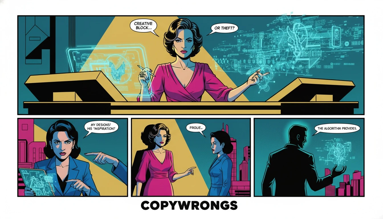 A symbolic image representing ai fantasy app plagiarism concerns, showing a writer caught between the warm light of creativity and the cold, data-driven light of an AI that might be using stolen content. Filename: ai-fantasy-app-plagiarism-concerns-bestie-ai.webp