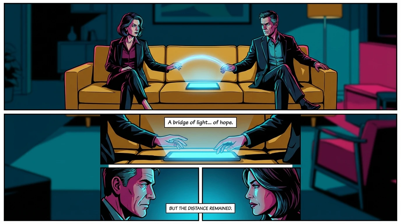 A couple finding common ground through ai for couples communication, represented by a calming blue light from a tablet bridging the distance between them. Filename: ai-for-couples-communication-bestie-ai.webp