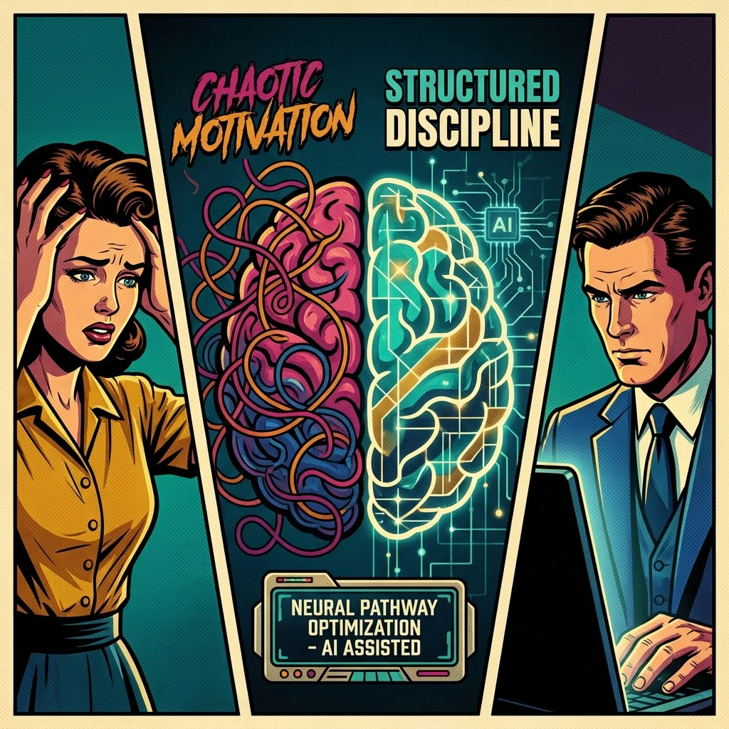 A conceptual image showing how an ai for motivation and discipline helps organize the brain's neural pathways, leading to lasting change and goal achievement. Filename: ai-for-motivation-and-discipline-bestie-ai.webp