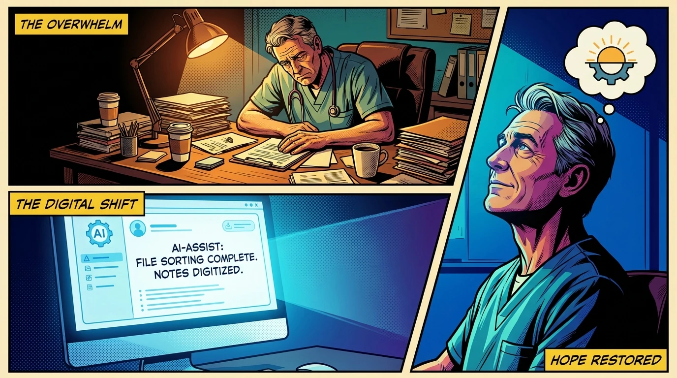 A conceptual image showing how AI for physical therapy helps a burnt-out clinician by organizing chaotic paperwork into a clean digital interface. Filename: ai-for-physical-therapy-burnout-bestie-ai.webp