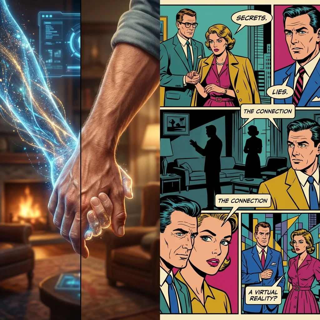 A symbolic image showing the difference in an ai girlfriend vs real girlfriend relationship, with one hand held by a glowing digital form and the other by a real human partner. File: ai-girlfriend-vs-real-girlfriend-bestie-ai.webp