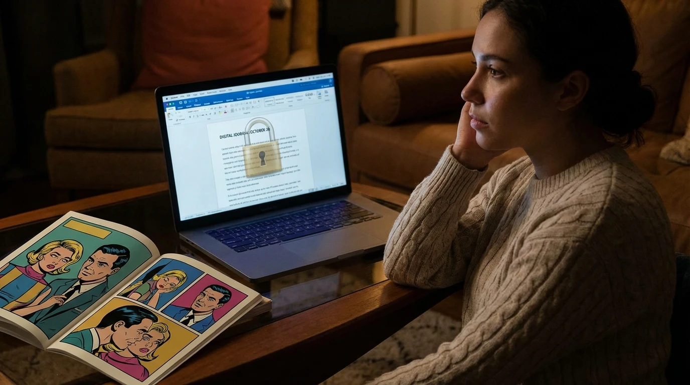 A person reflects on their ai journal privacy concerns while typing on a laptop, with a digital padlock icon symbolizing the need for a secure digital journal. Filename: ai-journal-privacy-concerns-bestie-ai.webp