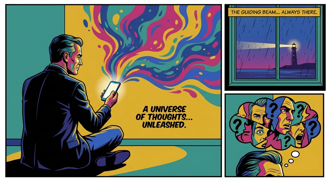 A person contemplates the choice of an ai journal vs therapy, holding a glowing phone that projects their thoughts while a distant lighthouse offers professional guidance. filename: ai-journal-vs-therapy-bestie-ai.webp