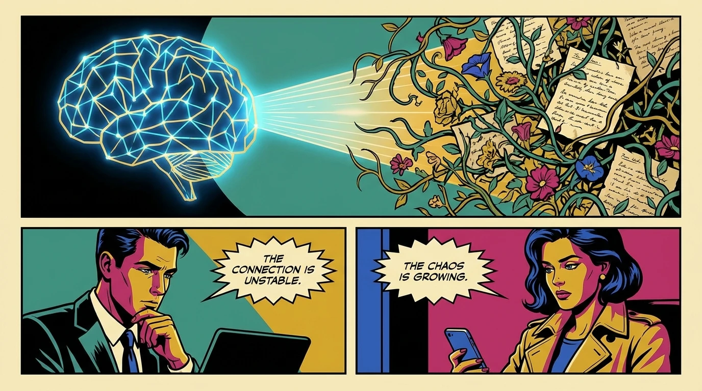 A symbolic image representing the choice of AI journaling vs Obsidian, showing a structured digital brain connecting with a freeform garden of notes, illustrating a hybrid approach to finding the best AI journal app. Filename: ai-journaling-vs-obsidian-bestie-ai.webp