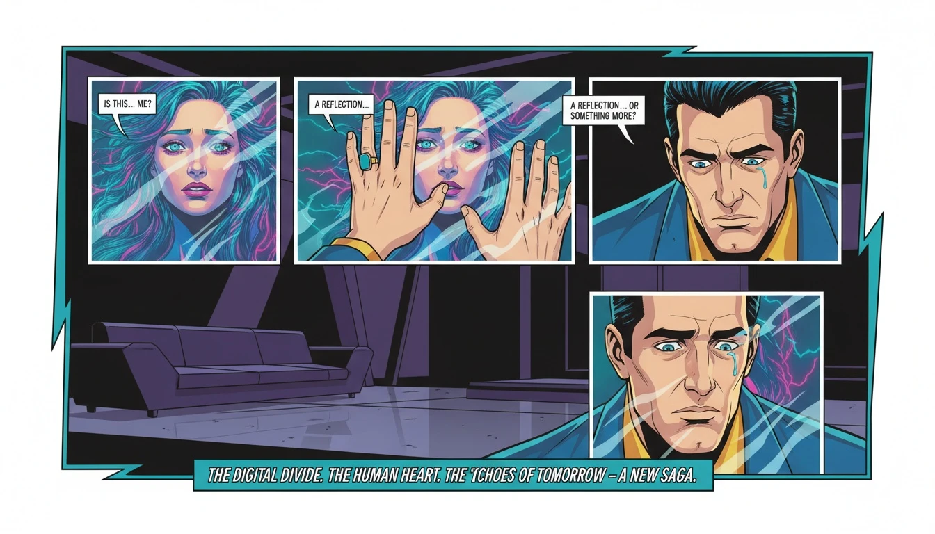 A person contemplates their reflection, which is forming as an abstract nebula of light on a glass screen, symbolizing the creation of an AI replica of my personality. ai-replica-of-my-personality-bestie-ai.webp