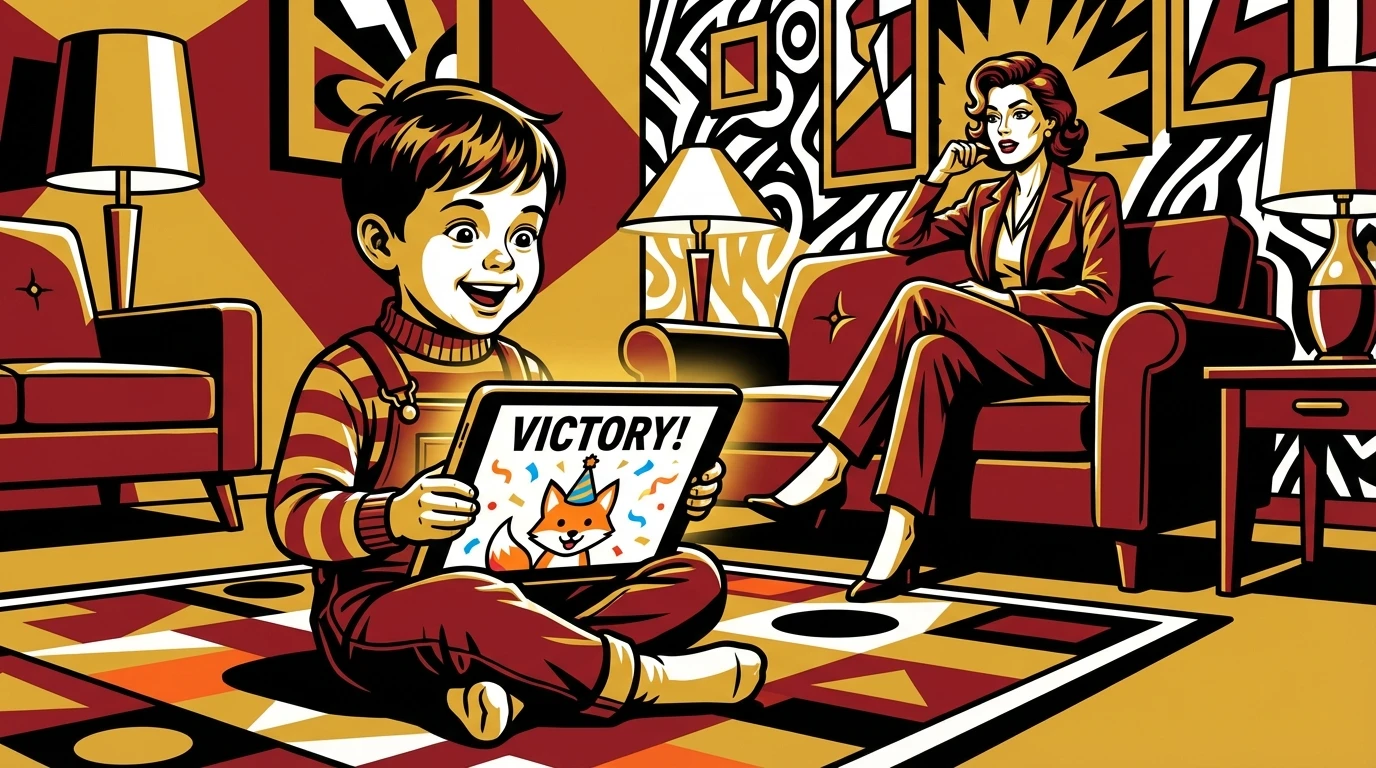 A child happily engages with AI speech therapy activities for children on a tablet, illustrating a positive and safe learning environment at home. Filename: ai-speech-therapy-activities-for-children-bestie-ai.webp