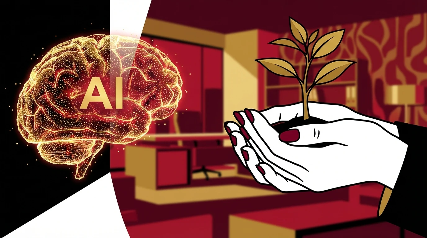 A symbolic image comparing ai speech therapy with human connection, showing a glowing digital brain next to nurturing human hands holding a sapling. filename: ai-speech-therapy-vs-human-therapist-bestie-ai.webp