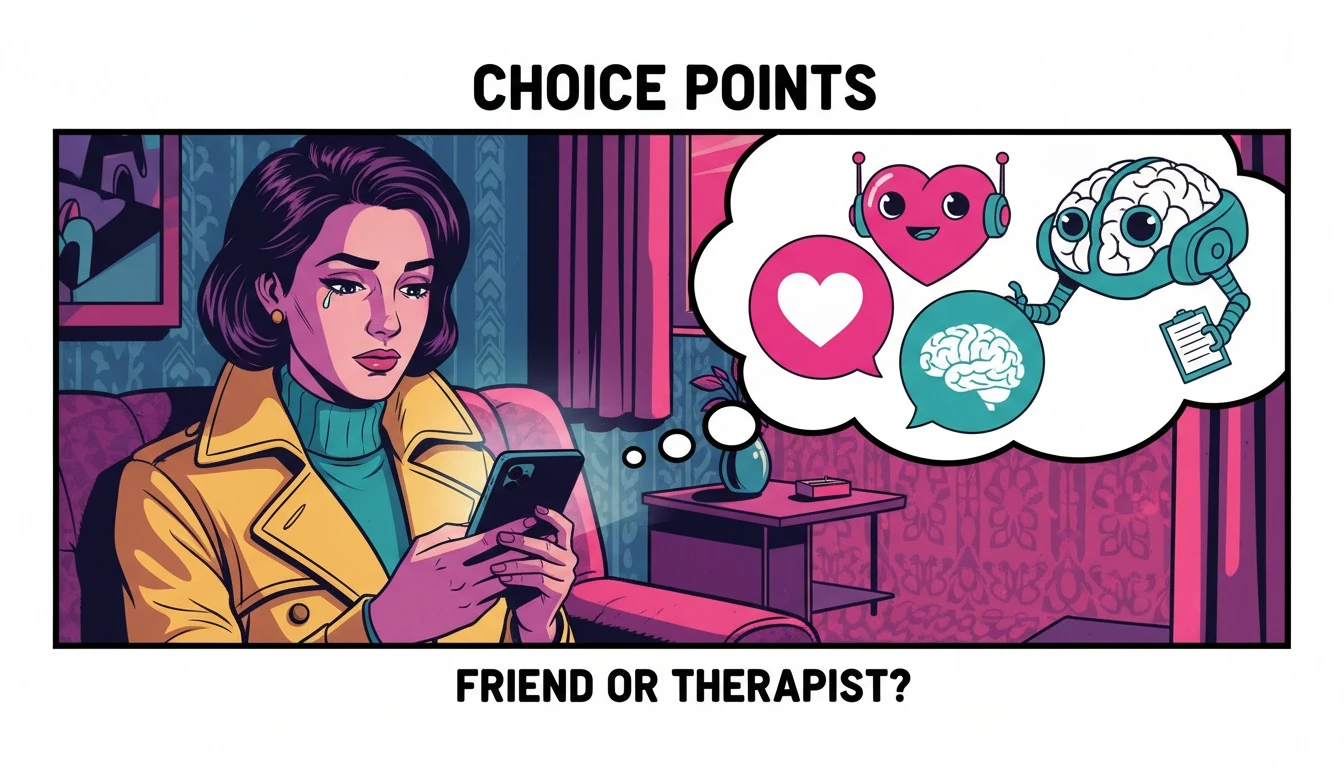A person considers the choice of ai therapist vs ai friend on their phone, which shows two different chat app icons representing emotional support. Filename: ai-therapist-vs-ai-friend-bestie-ai.webp