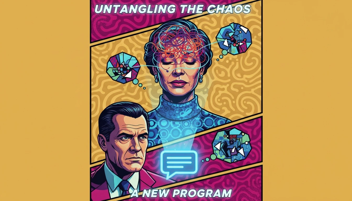 A symbolic image representing how AI therapy conversation prompts can help organize chaotic thoughts, showing a digital silhouette using an ai counselor to achieve mental clarity. Filename: ai-therapy-conversation-prompts-bestie-ai.webp