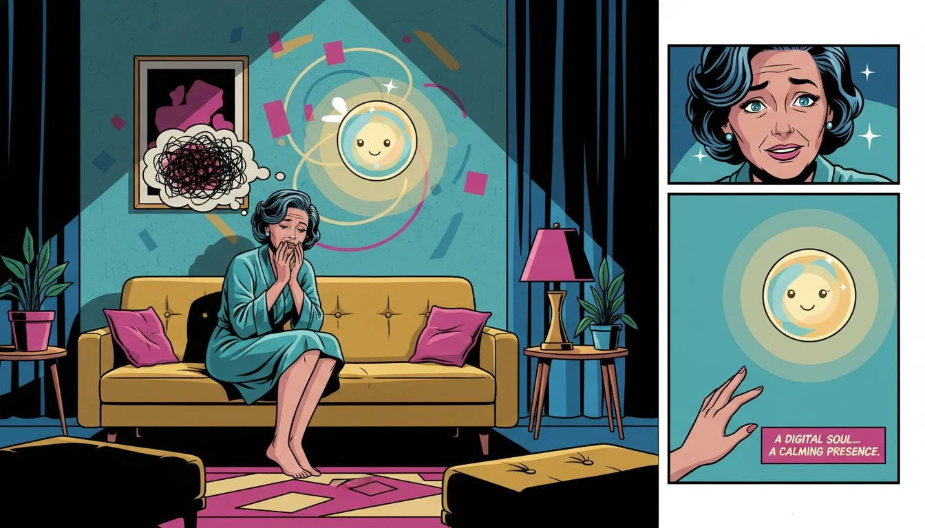 A person finds comfort from their anxious thoughts by using AI therapy for anxiety, represented by a calming orb of light. Filename: ai-therapy-for-anxiety-bestie-ai.webp