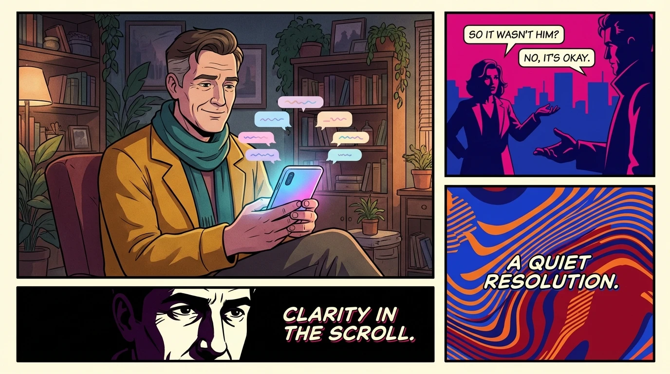 A person finding calm through ai therapy for relationship anxiety, depicted by their serene expression while looking at calming chat bubbles on a smartphone. File: ai-therapy-for-relationship-anxiety-bestie-ai.webp