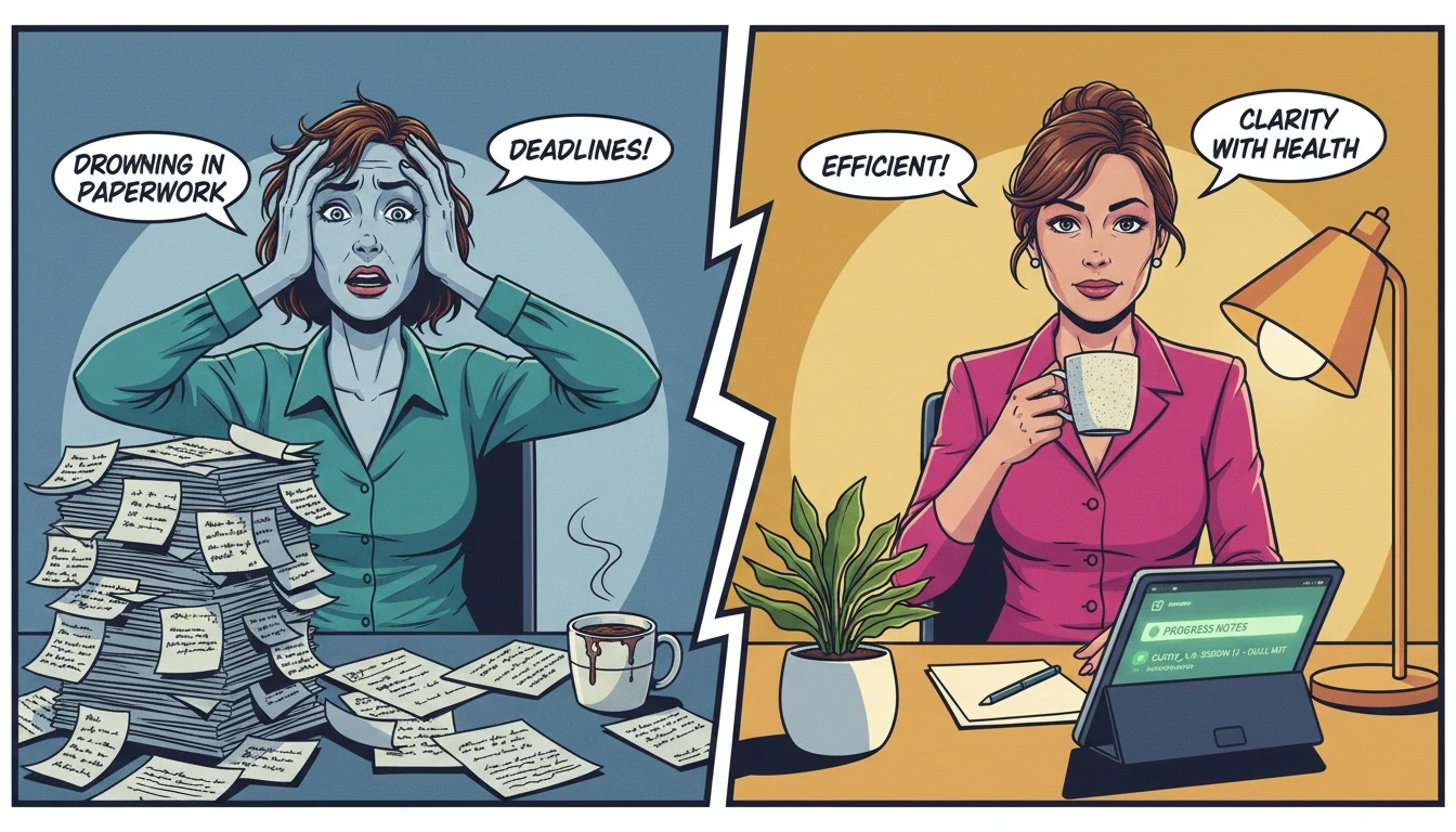 A symbolic image showing the transition from cluttered paper documentation to organized digital ai therapy notes, representing reduced burnout for clinicians. Filename: ai-therapy-notes-guide-for-therapists-bestie-ai.webp