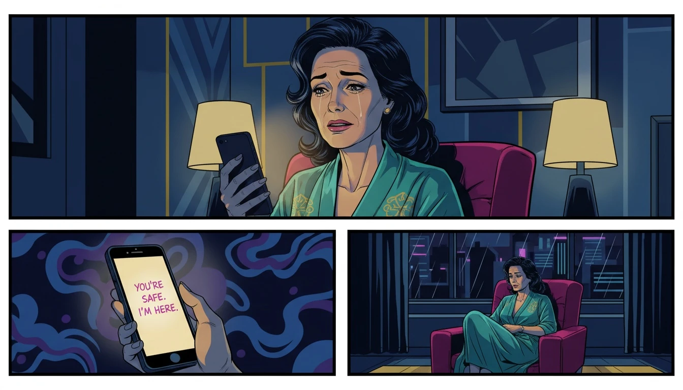 A person finding hope in the dark by reading encouraging messages from AI chatbots for therapy on their phone, symbolizing the comfort found in AI therapy user stories. filename: ai-chatbots-for-therapy-user-stories.webp