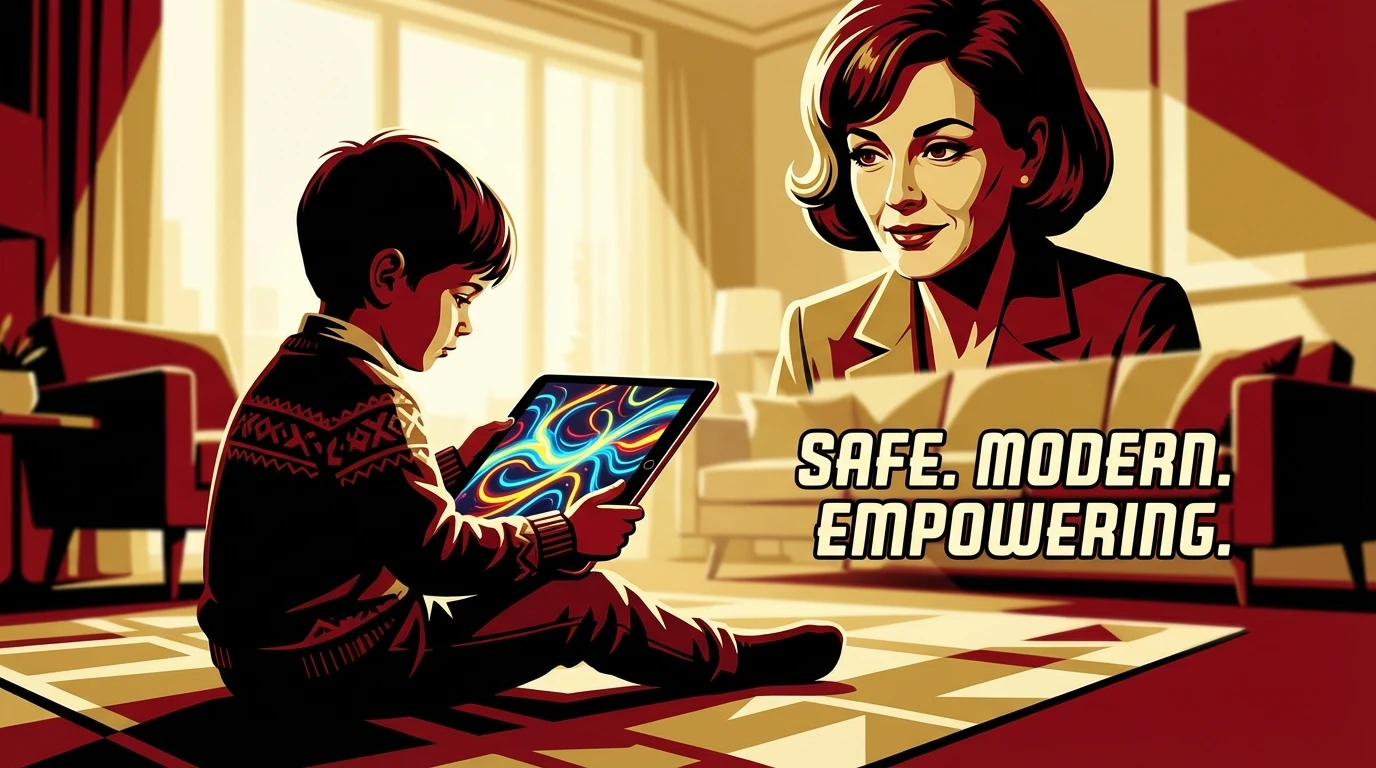 A child explores a glowing tablet, representing a modern approach to the AI therapy vs ABA therapy for autism debate, while a parent looks on supportively. Filename: ai-therapy-vs-aba-therapy-for-autism-bestie-ai.webp