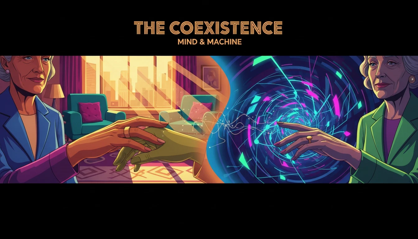 A thoughtful image exploring the ai therapy vs human therapist dynamic, showing a warm human hand on one side and a glowing neural network on the other, symbolizing a hybrid approach to mental health. Filename: ai-therapy-vs-human-therapist-bestie-ai.webp