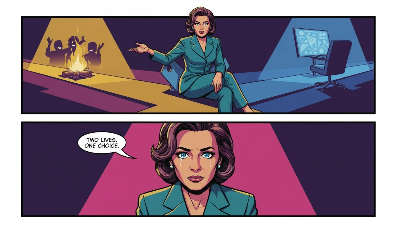 A person choosing between two paths for chat therapy free of charge: the warm human connection of peer support versus a private, digital AI interface. File: chat-therapy-free-choices-bestie-ai.webp