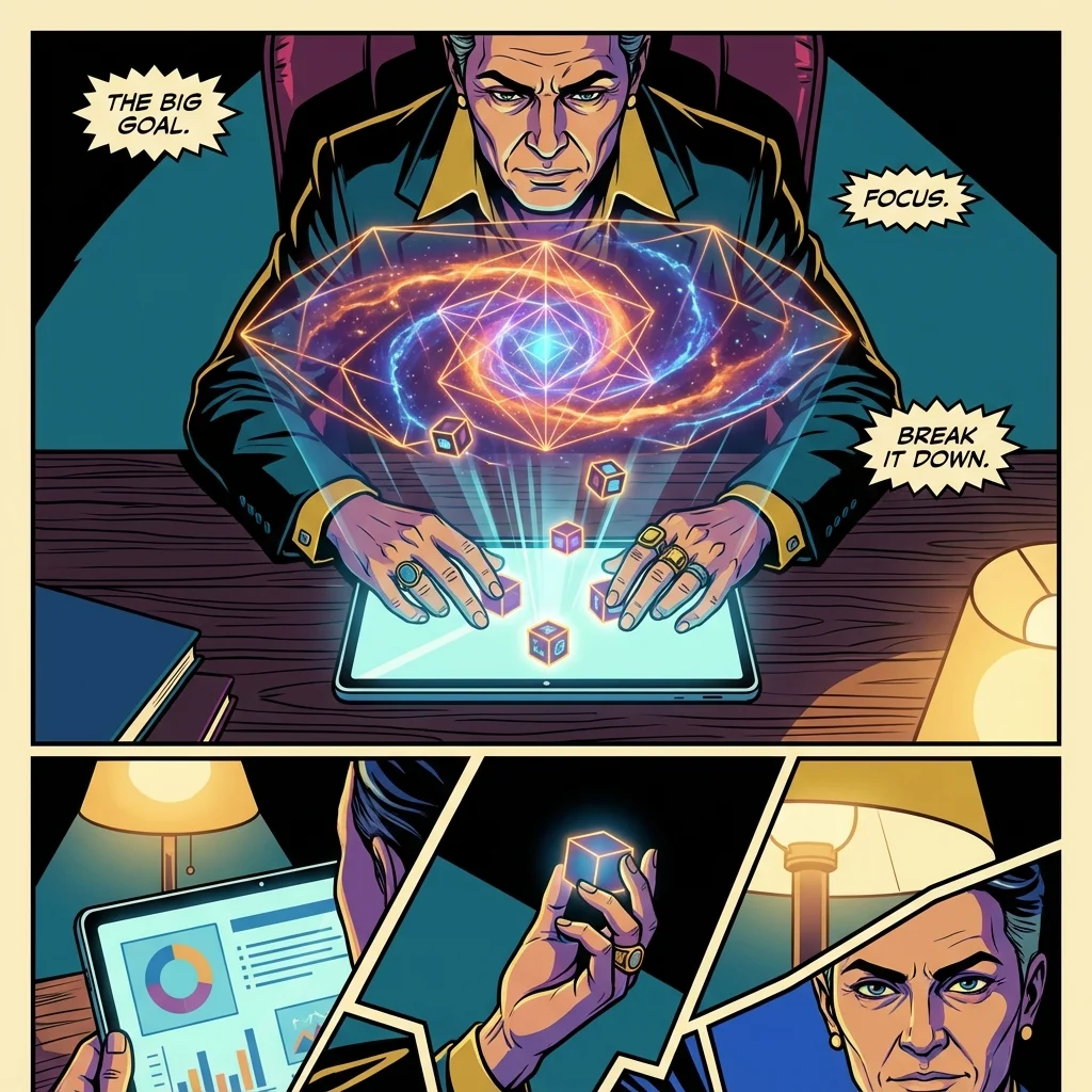 A person at a desk using an ai tool for goal planning on a tablet to break a large, complex goal into small, manageable steps. Filename: ai-tool-for-goal-planning-bestie-ai.webp