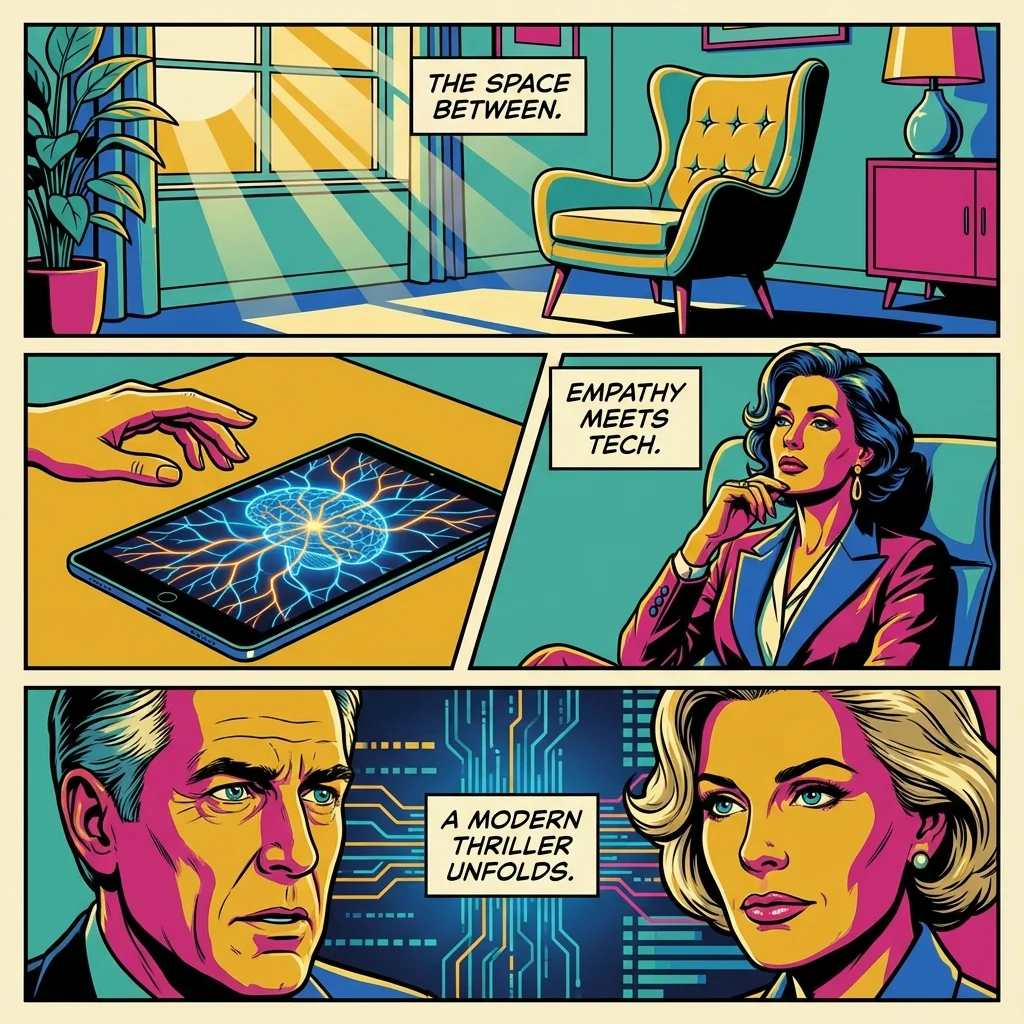 A symbolic image representing the integration of AI tools for therapists, showing a warm, empty chair for human connection next to a tablet displaying AI patterns, illustrating the balance between technology and empathy in modern psychology. Filename: ai-tools-for-therapists-guide-bestie-ai.webp