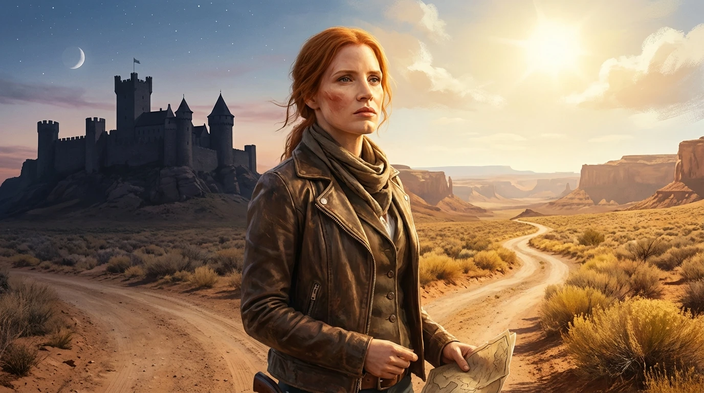 An artistic depiction of Aisling Franciosi's career highlights, showing her journey from a medieval past to a Western future, symbolizing her growth as an actress. Filename: aisling-franciosi-career-highlights-bestie-ai.webp