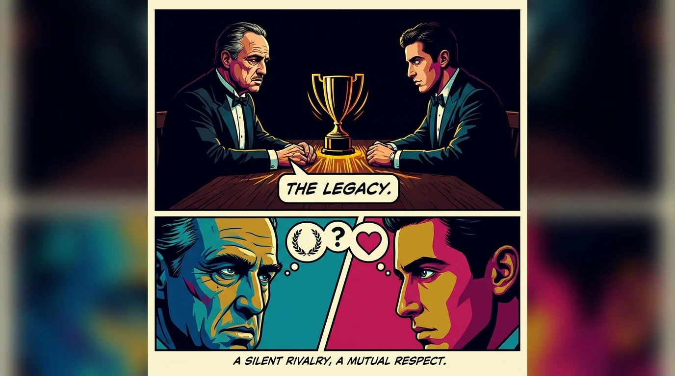 A symbolic image representing the complex family competition psychology between Alexander Skarsgård and his father, with a single trophy between them. filename: alexander-skarsgard-family-competition-psychology-bestie-ai.webp