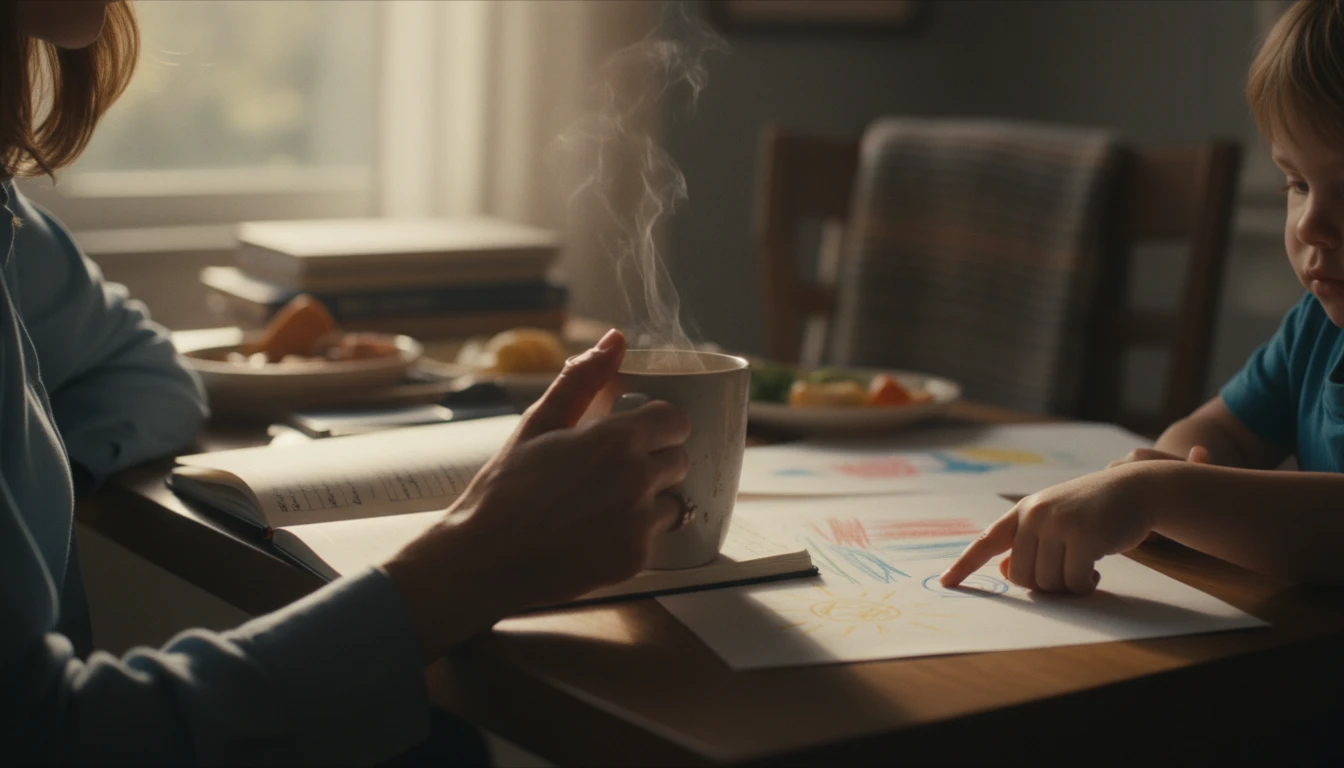 A serene image symbolizing the Alexandra Breckenridge family life balance, showing a working mother's hands juggling work and a child's hand, representing quality family time. Filename: alexandra-breckenridge-family-life-balance-bestie-ai.webp