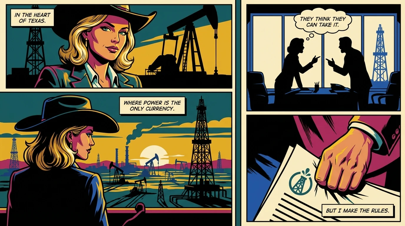 An artistic depiction of Ali Larter in the Landman series, showing her character's strength and strategic mind against the backdrop of a Texas oil field at sunset. ali-larter-in-landman-series-bestie-ai.webp