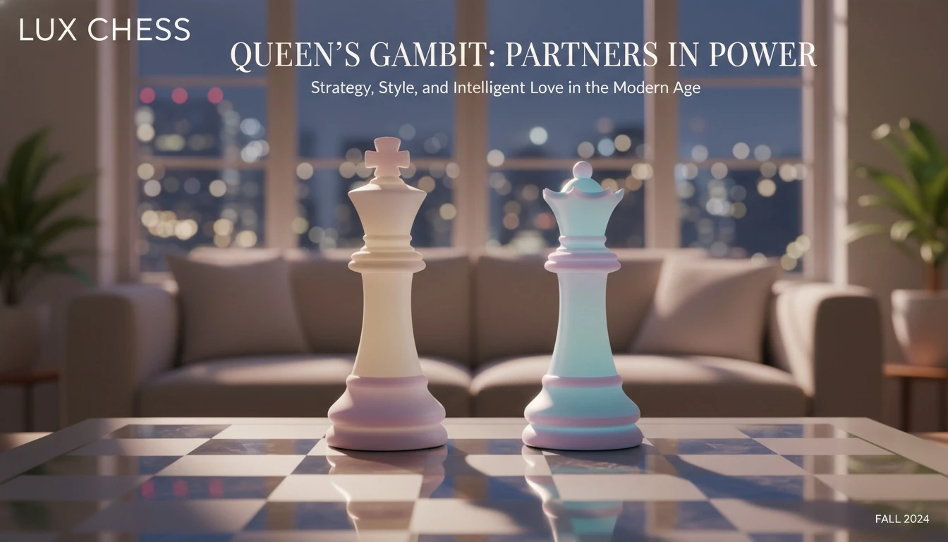 A symbolic image representing the power couple dynamic, inspired by the interest in the ali wong boyfriend relationship, with two chess pieces as equal partners.webp
