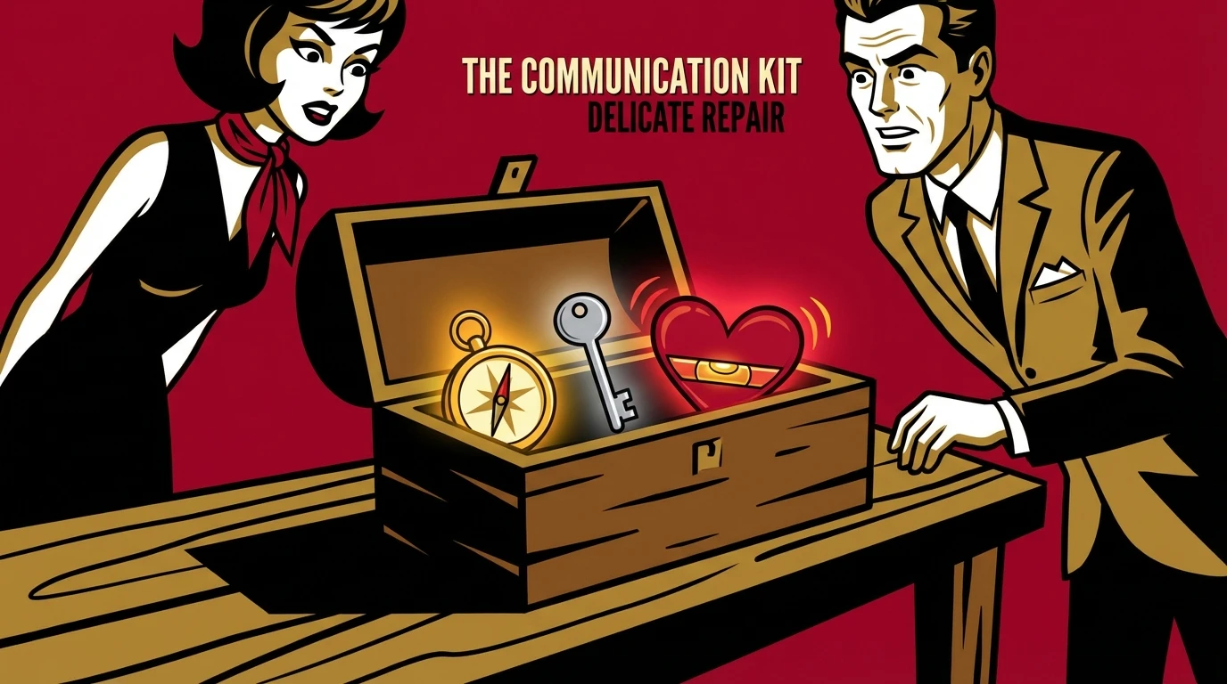 An open toolbox filled with symbolic relationship tools, representing the various alternatives to marriage counseling available to a couple seeking to repair their connection. Filename: alternatives-to-marriage-counseling-bestie-ai.webp