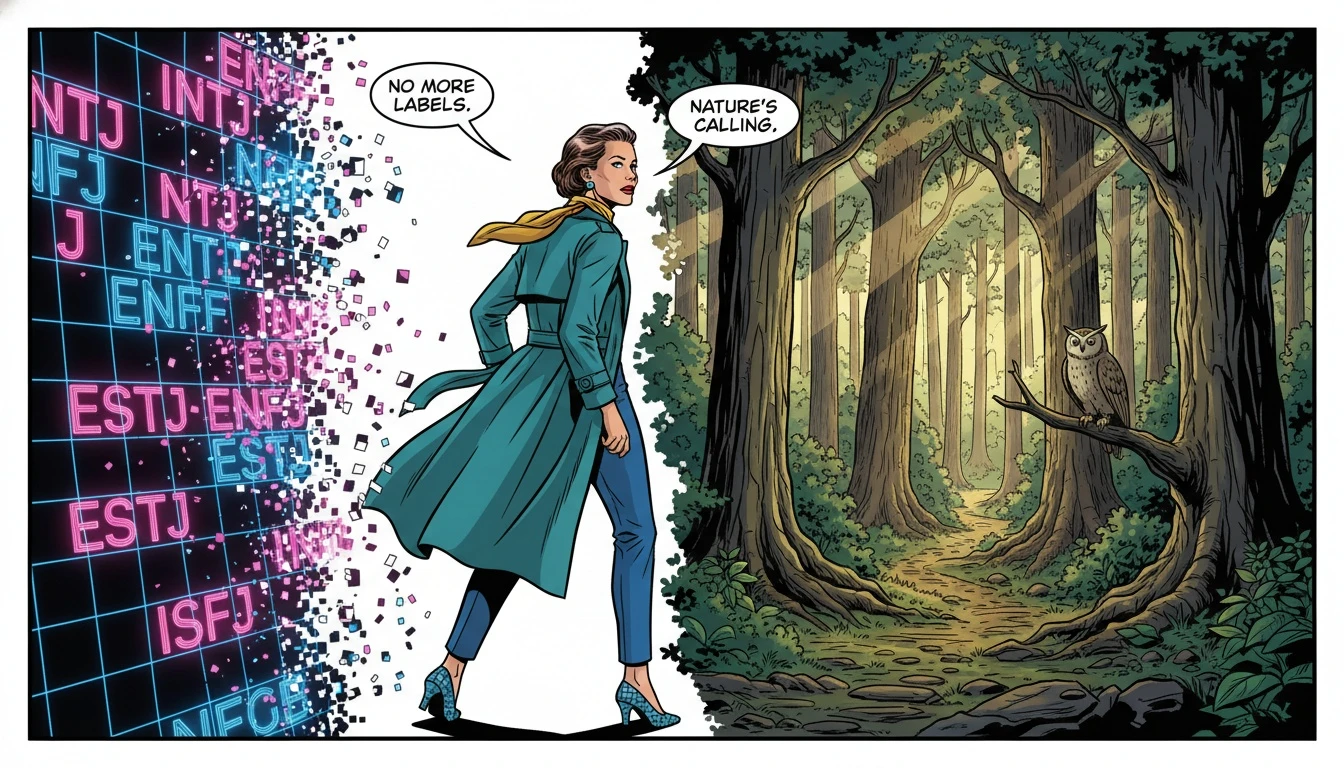 A person choosing a natural forest path over a digital grid, symbolizing the journey of finding meaningful alternatives to an MBTI test for deep self-discovery. filename: alternatives-to-mbti-test-bestie-ai.webp