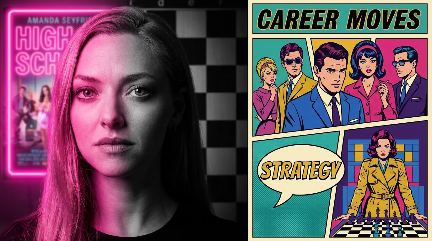 A symbolic image representing the Amanda Seyfried career path analysis, showing a woman's face split between the pink light of teen comedy and the dramatic lighting of prestige film, set against a chessboard. amanda-seyfried-career-path-analysis-bestie-ai.webp