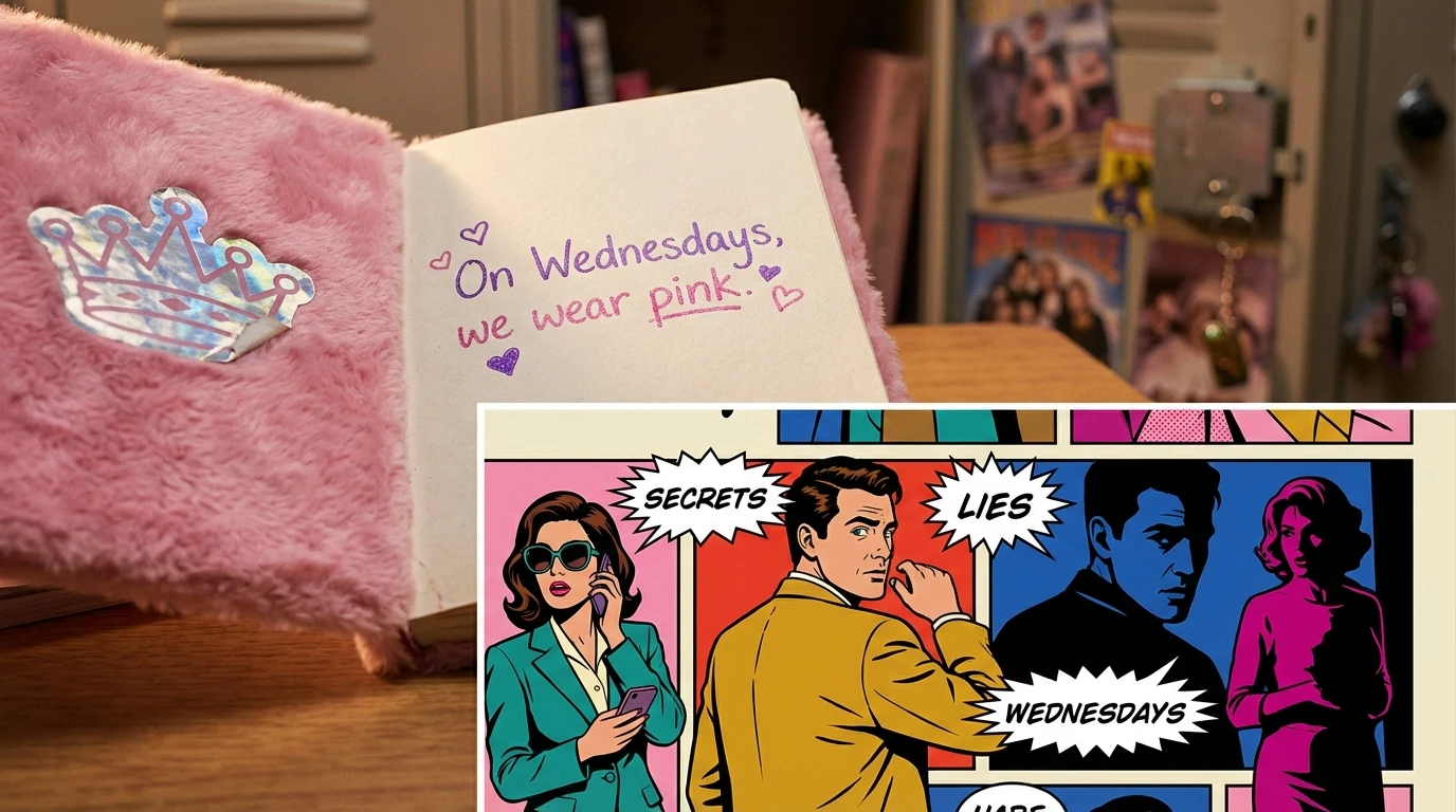 A nostalgic pink diary open to a famous quote, symbolizing the lasting cultural impact of the Amanda Seyfried Mean Girls Karen character. Filename: amanda-seyfried-mean-girls-karen-bestie-ai.webp