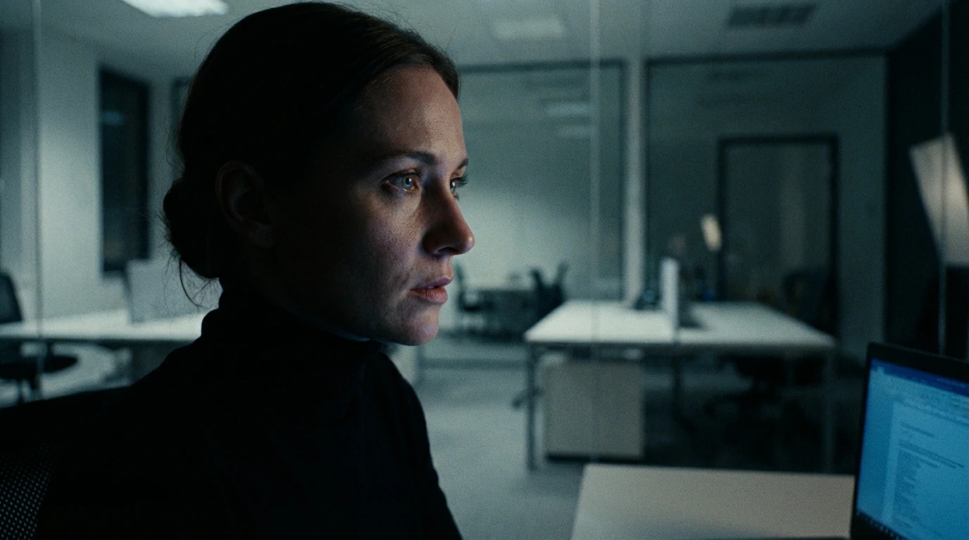 A striking image representing the Amanda Seyfried The Dropout performance, showing a woman in a black turtleneck embodying the intense psychology of Elizabeth Holmes. filename: amanda-seyfried-the-dropout-performance-bestie-ai.webp