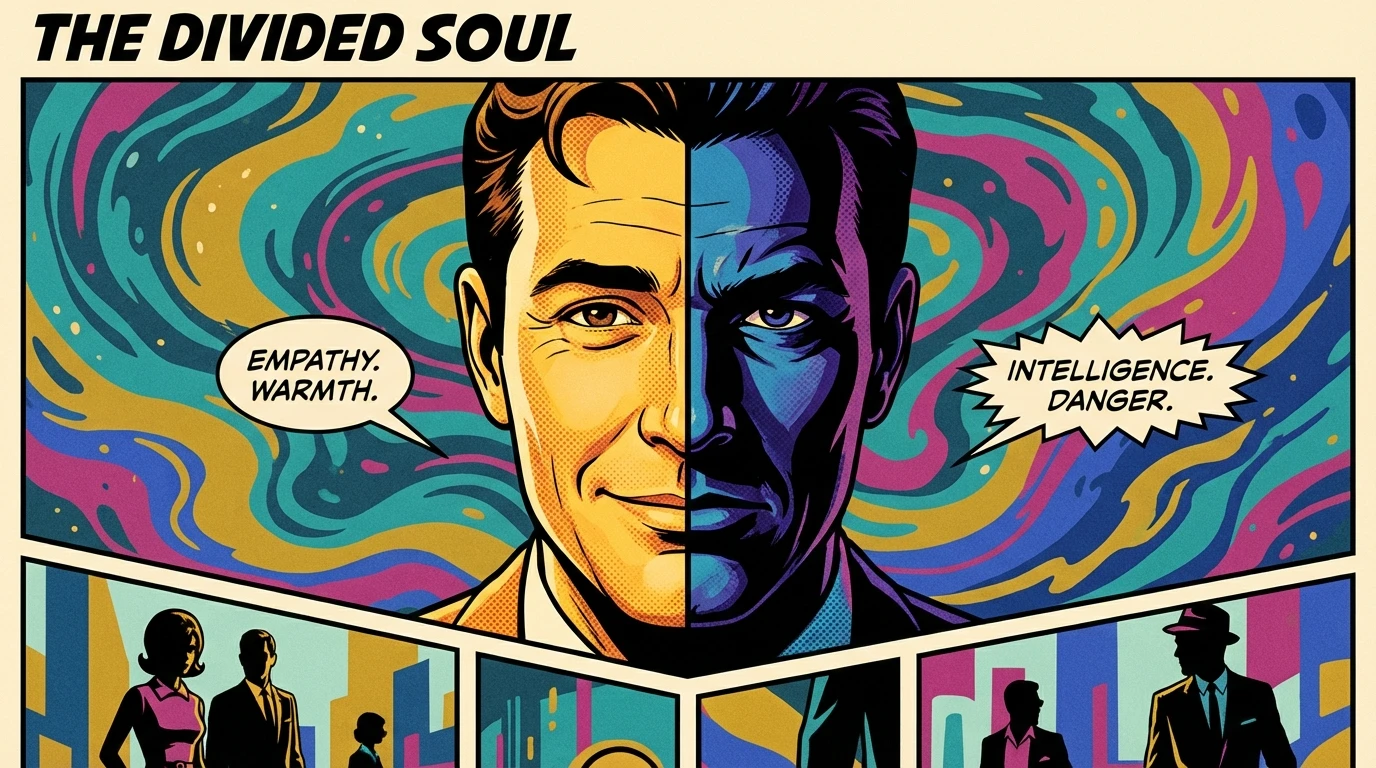 An artistic representation of exploring the shadow self, inspired by the complex roles of Andrew Scott. The image shows a face split between light and shadow, symbolizing human duality. Filename: andrew-scott-shadow-self-bestie-ai.webp