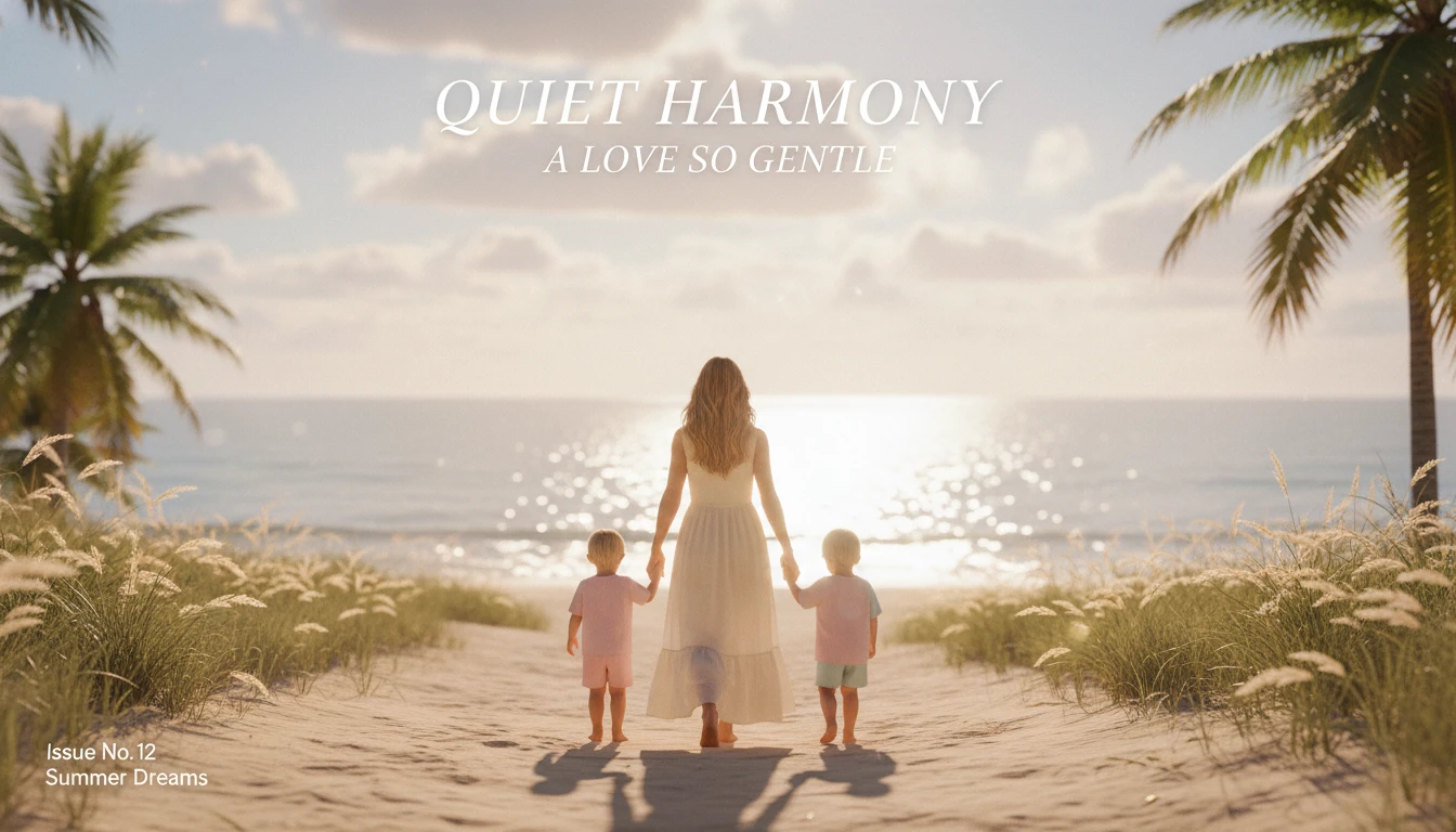 A symbolic representation of Anna Kournikova protecting her children's privacy, showing a mother and kids walking towards a peaceful shore. anna-kournikova-children-family.webp