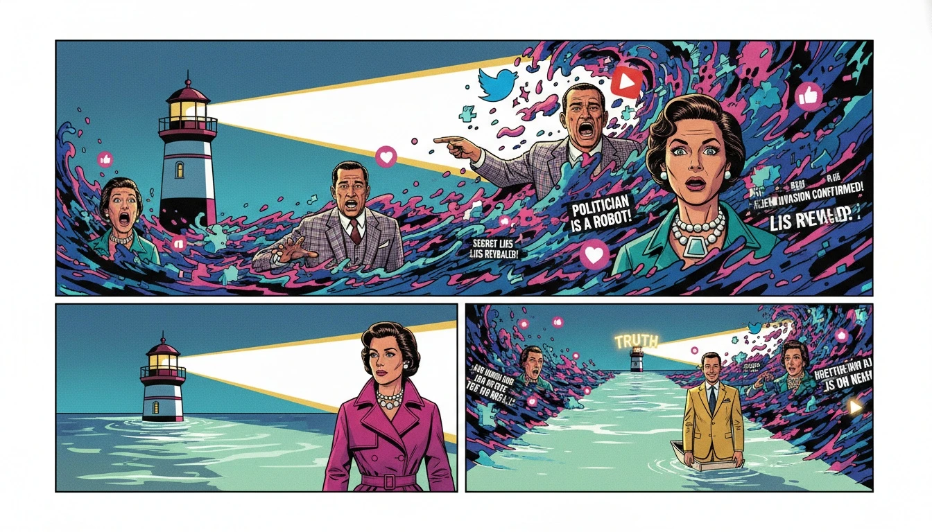 A symbolic image representing the truth about Anthony Geary's status, with a lighthouse of facts cutting through the fog of online death hoaxes. filename: anthony-geary-death-hoax-bestie-ai.webp