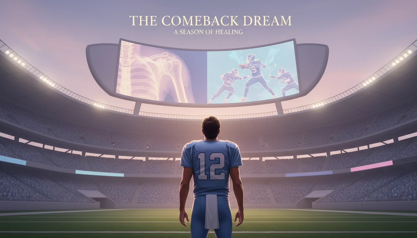 A contemplative image exploring the bust potential analysis of quarterback Anthony Richardson, showing his injury risk versus his on-field highlights. Filename: anthony-richardson-bestie-ai.webp