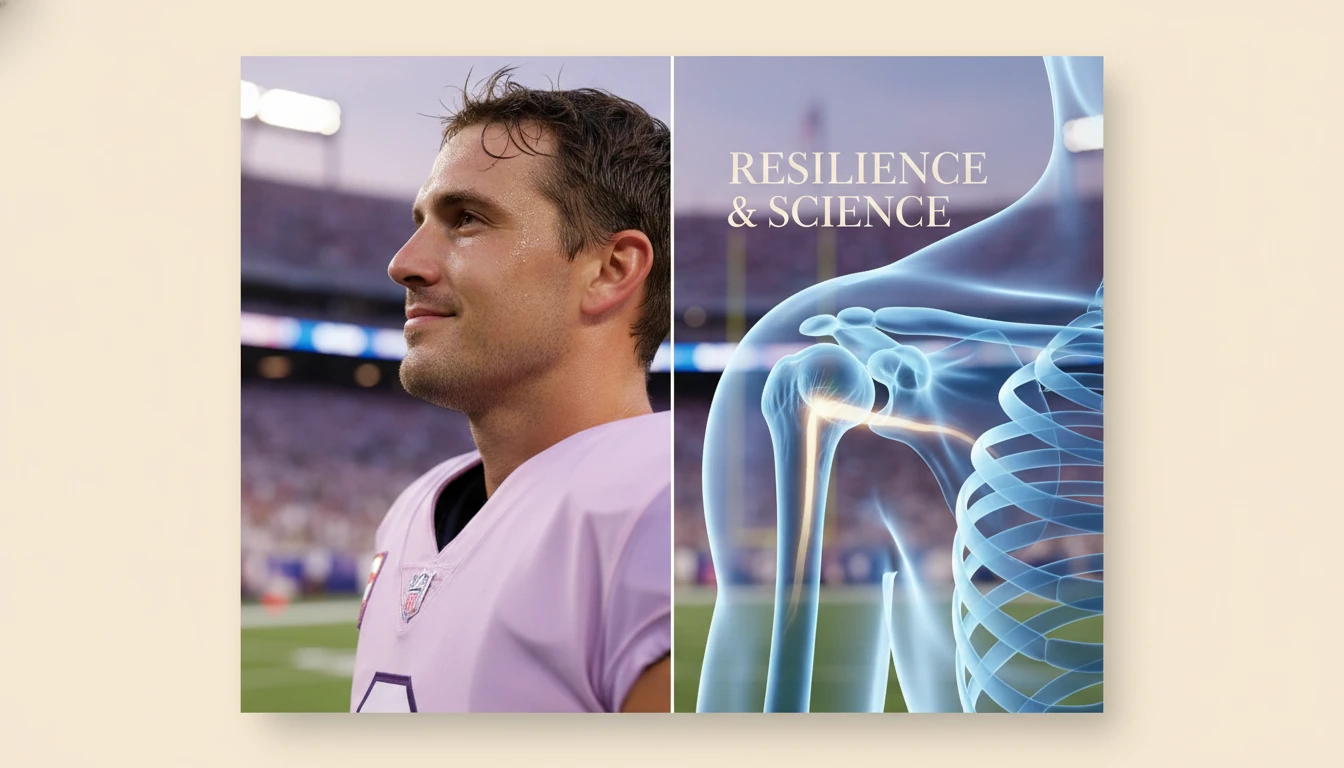 An anatomical illustration overlaid on a photo of Anthony Richardson's shoulder, symbolizing the science behind his injury recovery and comeback. anthony-richardson-bestie-ai.webp