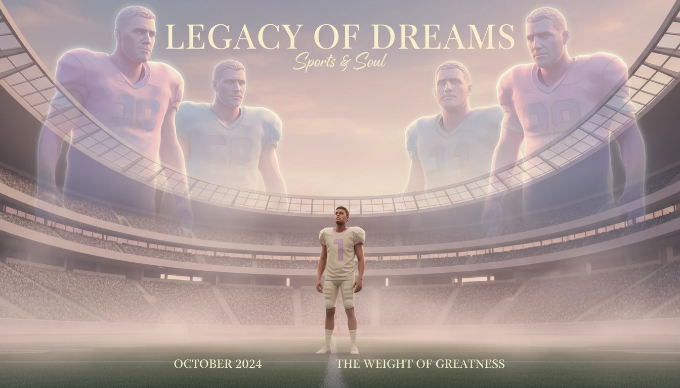 A young quarterback stands alone on a football field, overshadowed by the ghostly images of his famous relatives in the stands, illustrating the immense generational pressure faced by Arch Manning. arch-manning-generational-pressure-psychology.webp