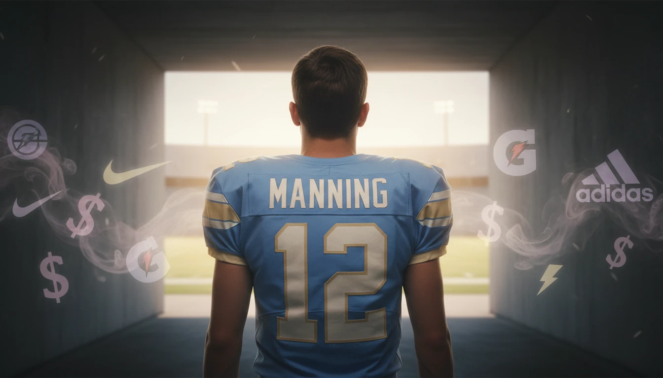 A symbolic image representing the pressure of the Arch Manning NIL deal value, showing a quarterback choosing the purity of the game over the shadowy allure of money. Filename: arch-manning-nil-deal-value-bestie-ai.webp