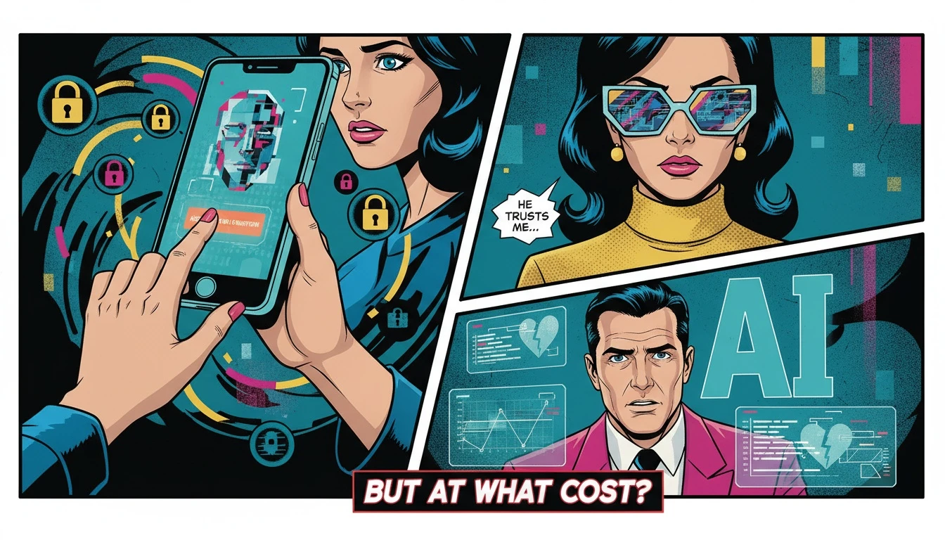 A person considers the screen before using a free ai girlfriend app, illustrating the question 'are ai girlfriend apps safe' by showing the privacy implications. Filename: are-ai-girlfriend-apps-safe-bestie-ai.webp