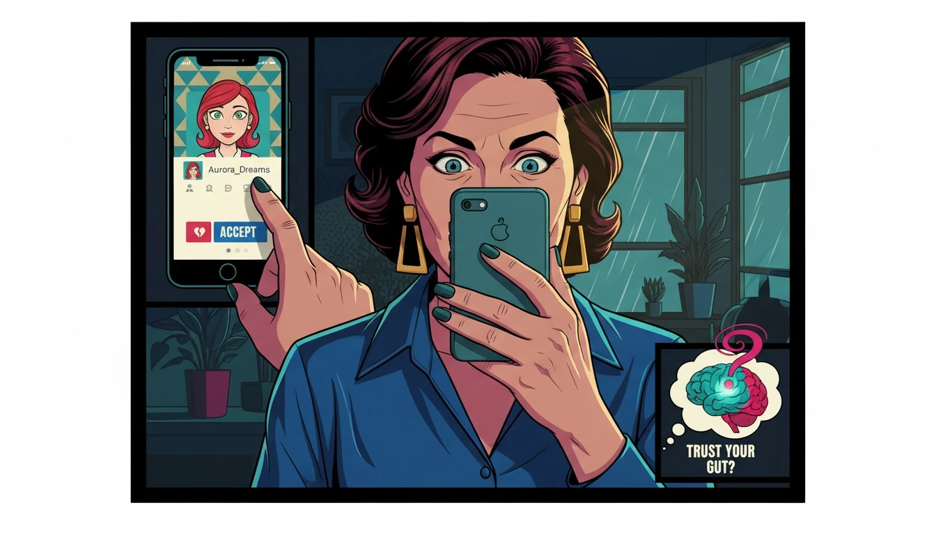 A person's hand cautiously considering a profile on a phone, illustrating the question 'are friend finding apps safe' by showing the user's thoughtful hesitation. Filename: are-friend-finding-apps-safe-bestie-ai.webp