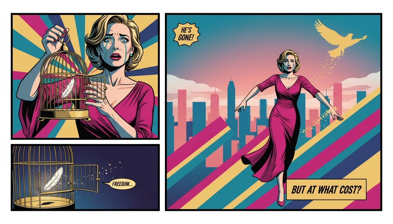 An open golden birdcage with a single feather inside, symbolizing the complexities of an Ariana Grande attachment style analysis and the search for freedom in relationships. Filename: ariana-grande-attachment-style-analysis-bestie-ai.webp