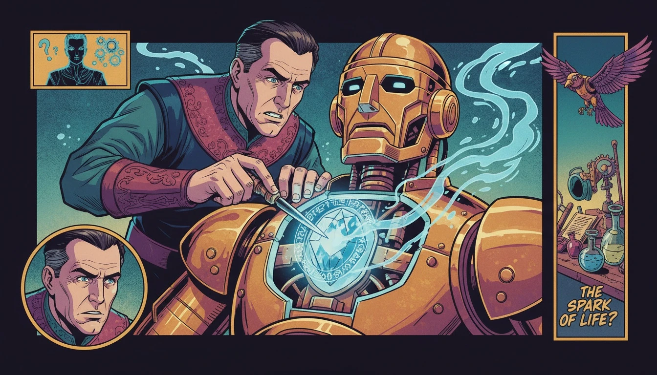 An artisan bringing a golem to life with magic, a powerful visual concept for artificial intelligence in fantasy worldbuilding.webp