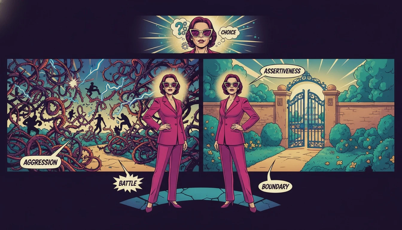 A symbolic representation of choosing assertive communication vs aggression, where a person decides between a path of chaotic conflict and a path leading to a peaceful, protected garden. Filename: assertive-communication-vs-aggression-bestie-ai.webp