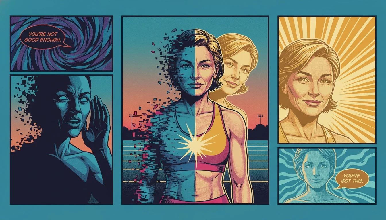 A symbolic image representing the battle with the athlete inner critic, showing a player split between shadow and light on a field. filename: athlete-inner-critic-bestie-ai.webp