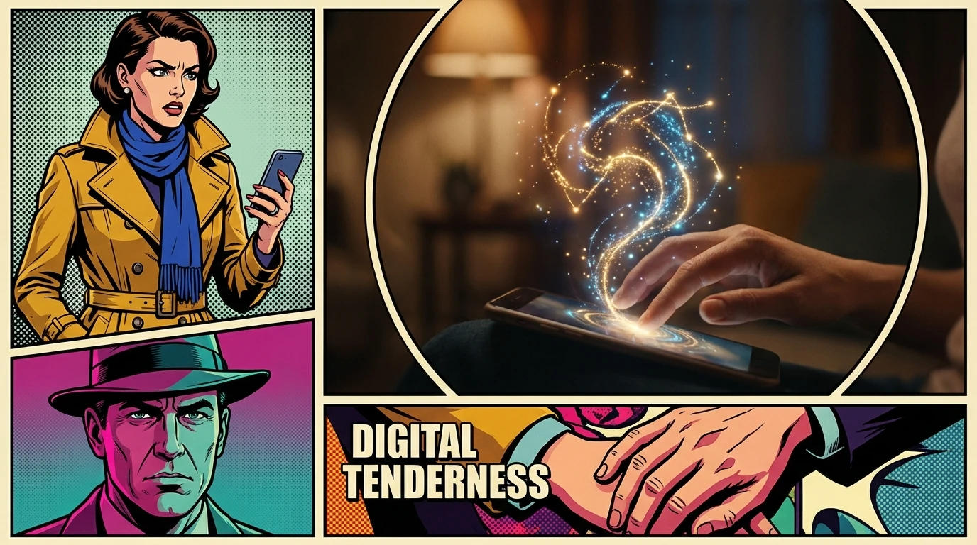 A person finding a gentle connection, representing attachment theory and ai relationships, as they touch a glowing light from a screen. filename: attachment-theory-and-ai-relationships-bestie-ai.webp