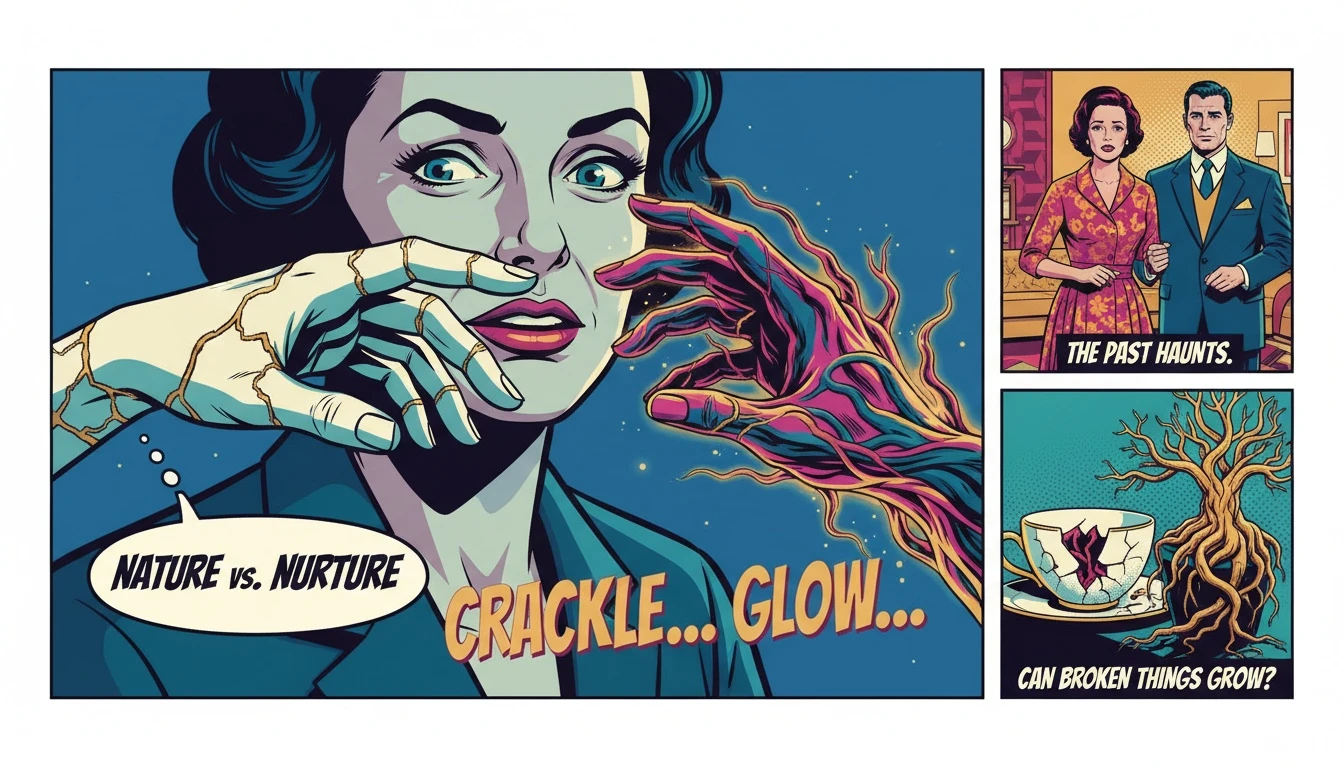 Two hands reaching for each other, one porcelain and one made of roots, symbolizing the complex relationship between nature and nurture in attachment theory and mbti compatibility. File: attachment-theory-and-mbti-compatibility-bestie-ai.webp