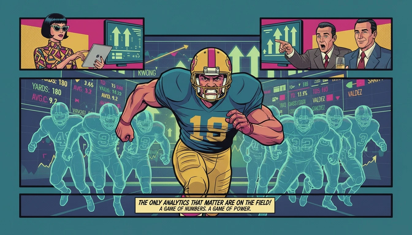 A conceptual image representing the rising Audric Estime dynasty value, showing a football player breaking through a line with stock market data in the background. audric-estime-dynasty-value-bestie-ai.webp