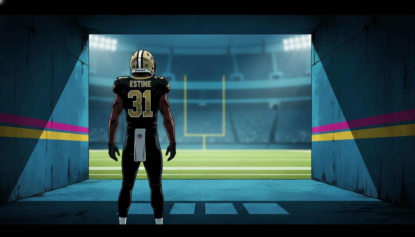 A thoughtful image capturing the essence of an Audric Estime fantasy performance analysis, showing the player poised to enter the field, symbolizing his untapped potential. audric-estime-fantasy-performance-analysis-bestie-ai.webp